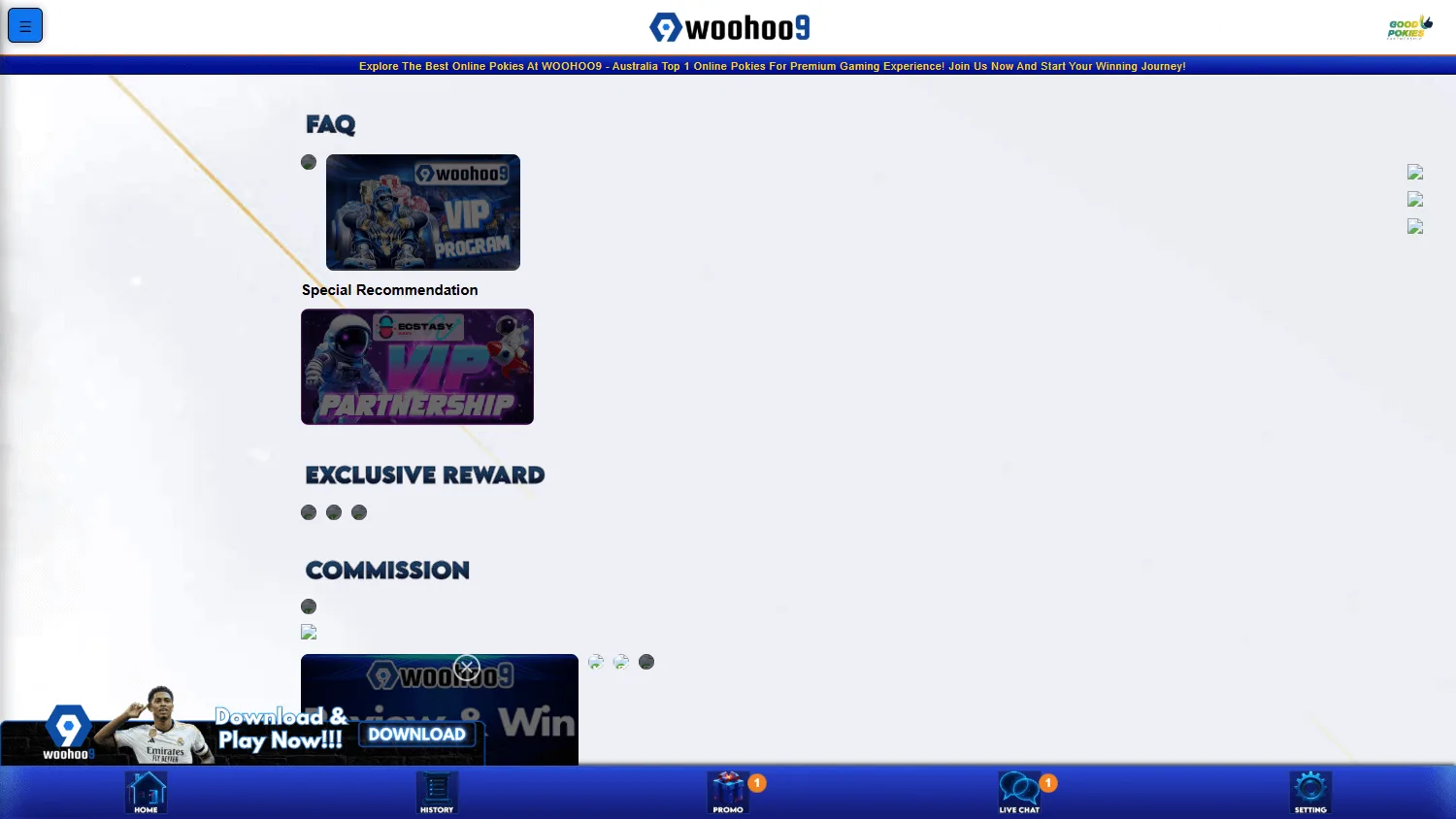 Woohoo9 Casino desktop promotions interface showing casino offers