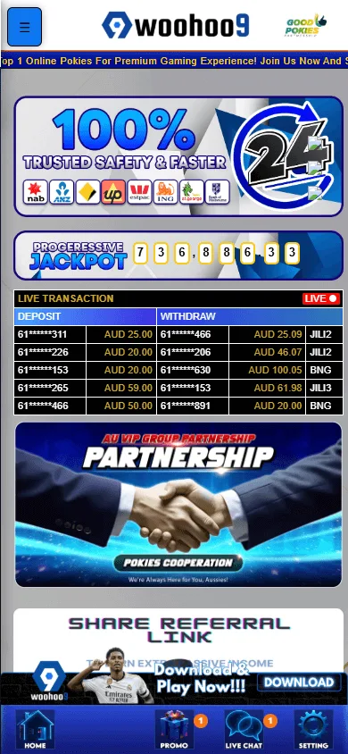 Woohoo9 Casino mobile home interface with account and game access