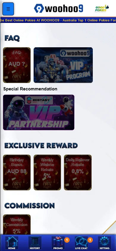 Woohoo9 Casino mobile promotions interface with bonus offers