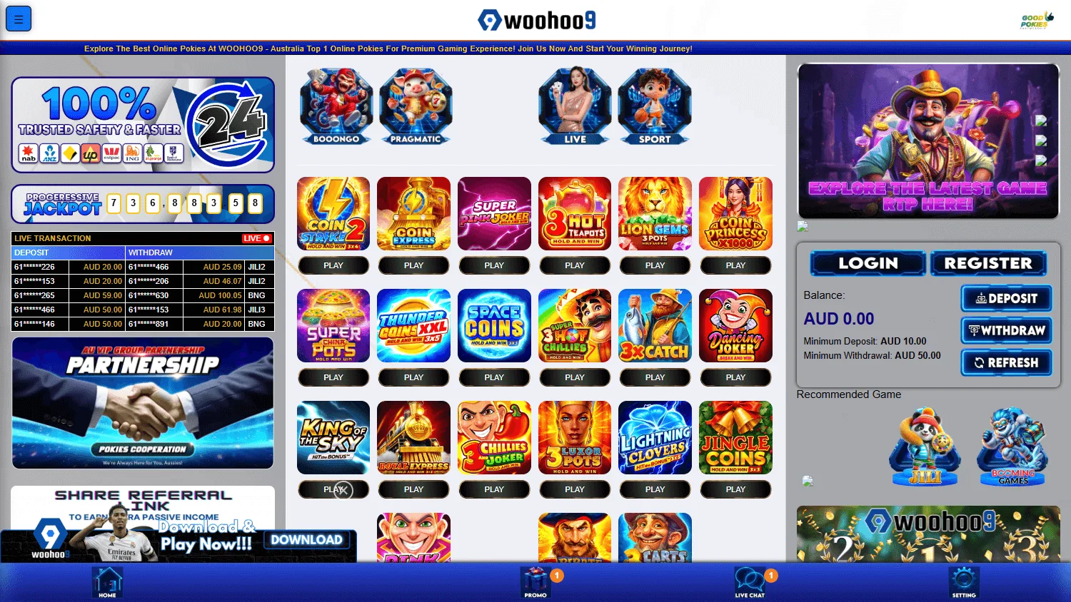 Woohoo9 Casino desktop home interface for Australian players